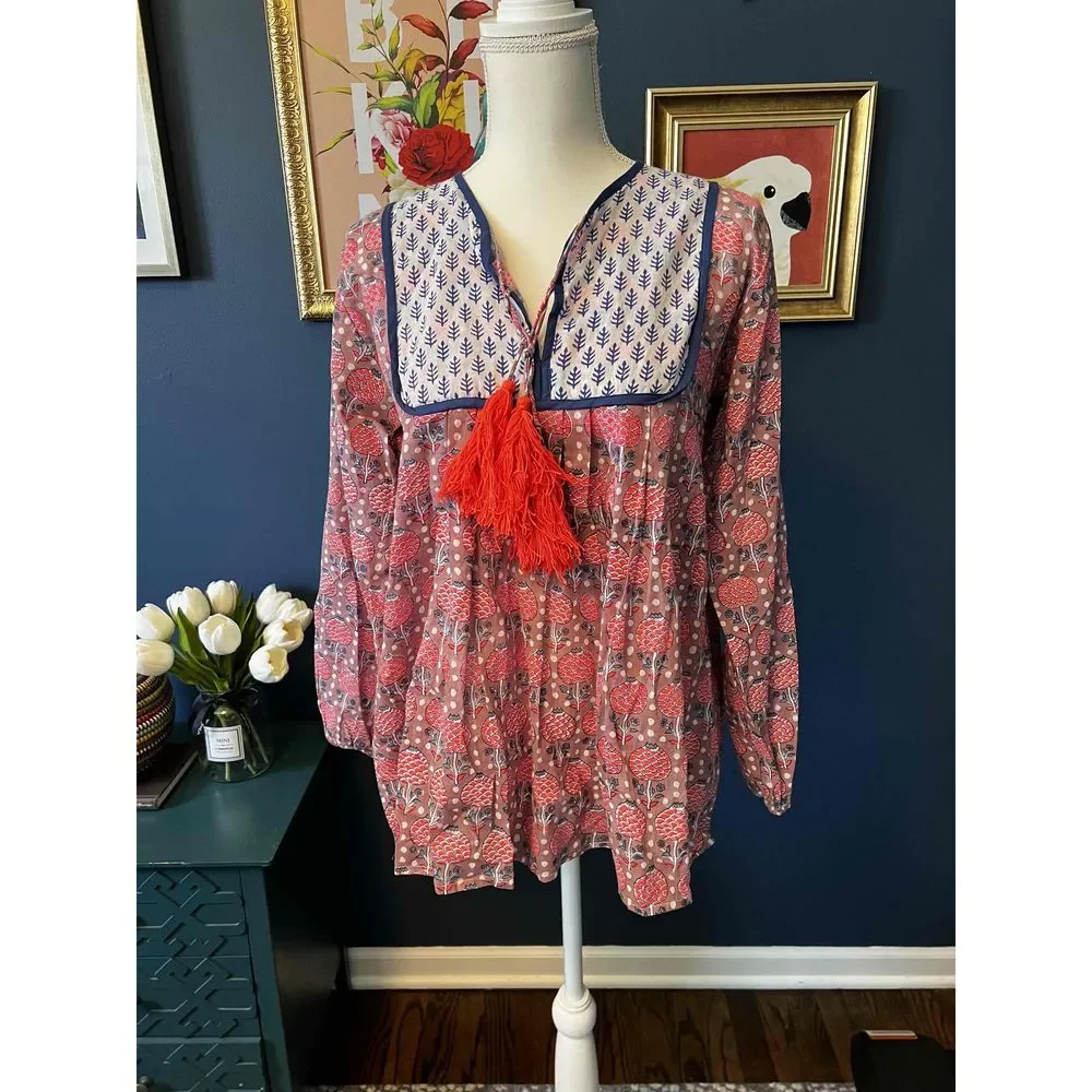 SZ Blockprints Womens Blue Pink Long Sleeves Printed Tassel Tunic Blouse Size S - Picture 1 of 8